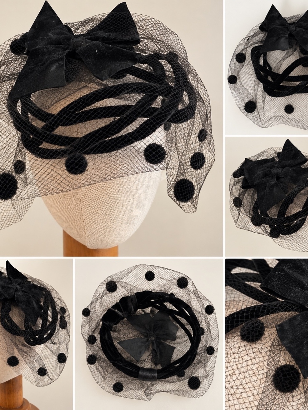1950s Black Velvet and Polka Dot Veil Fascinator Headband with Bow